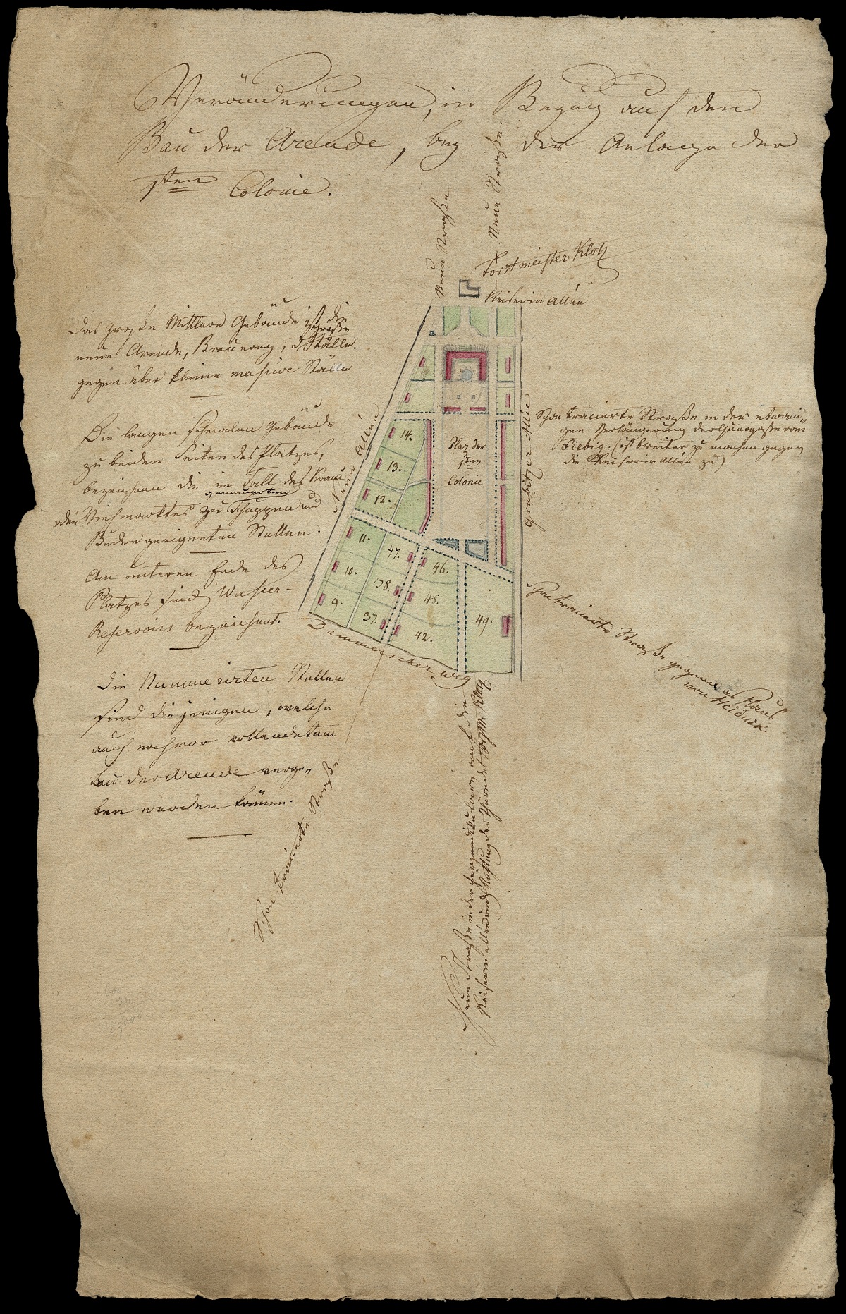 Veränderungen in Bezug auf den Bau der Arende, bey der Anlage der 1. Colonie, Plan, um 1834