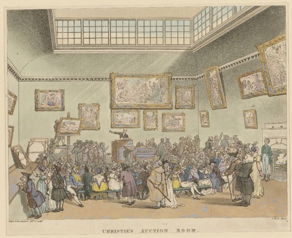 600x489px; Auktionsraum bei Christie's; Künstler Thomas Rowlandson 1808