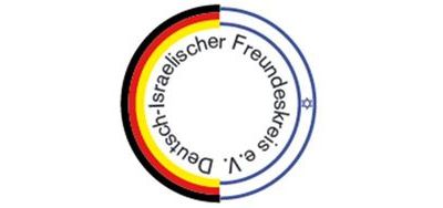 Logo des Deutsch-Israelischen Freundeskreises e.V. In einem Kreis, dessen Rand auf der linken Hälfte die deutsche Flagge und auf der rechten Hälfte die israelische Flagge abbildet, stehen kreisförmig die Worte: Deutsch-Israelischer Freundeskreis e.V.