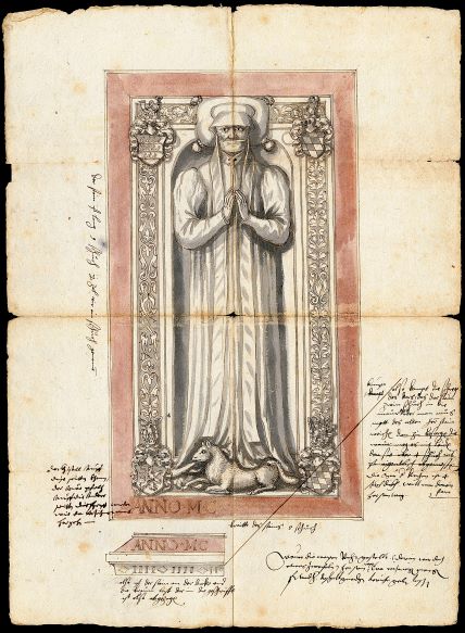 Getuschte Federzeichnung der Deckelplatte des Grabmonuments von Sabina von Württemberg