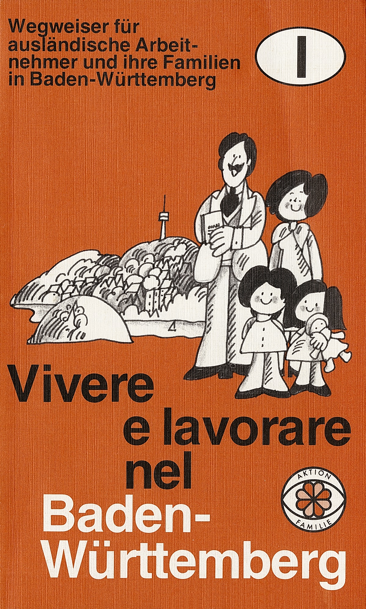 Zu sehen ist eine orangenfarbene Broschüre, mir einer Zeichnung einer Familie darauf.