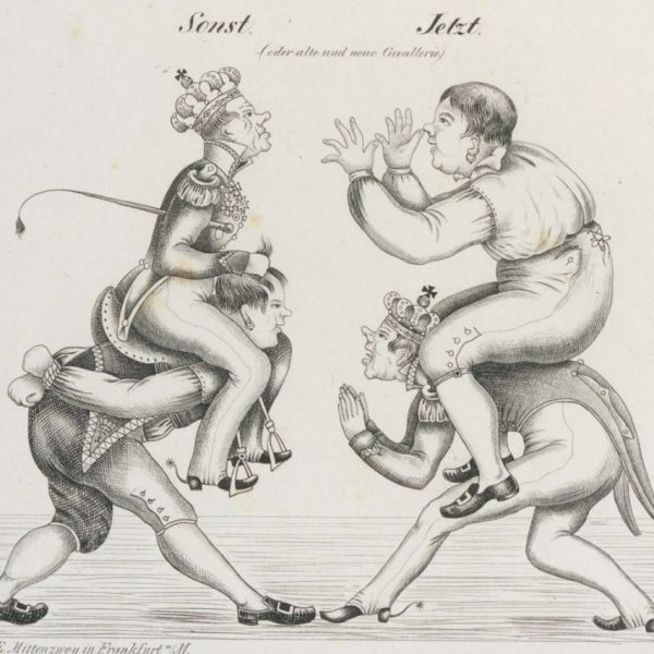 Spottbild, Karikatur Sonst Jetzt aus der Revolution 1848/49; 600x600pix; GLA Karlsruhe J-S Karikaturen 223; Lange Nacht der Demokratie 2026;