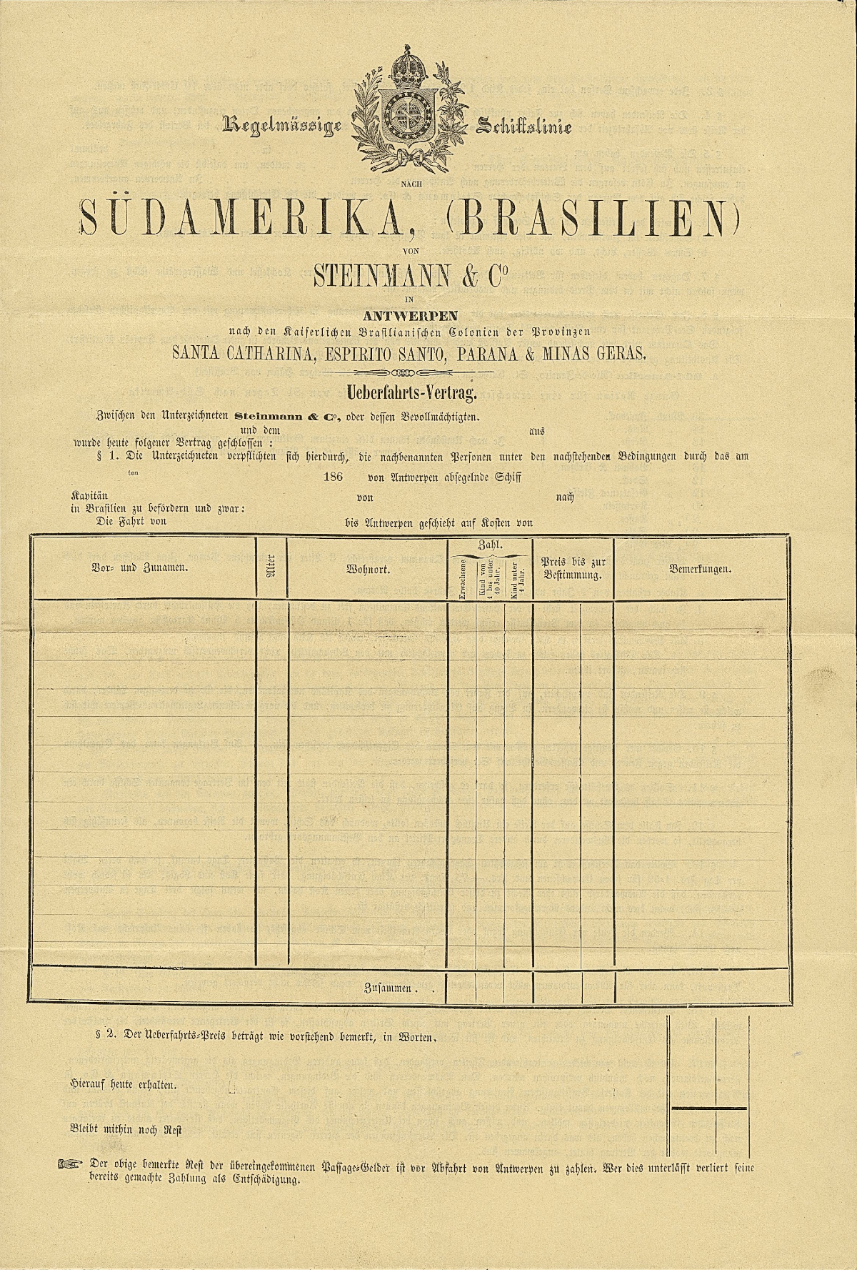 Überfahrtsvertrag der Schiffsagenten Steinmann & Co. in Antwerpen, 1860er-Jahre (LABW, HStAS E 146 Bü 1855)