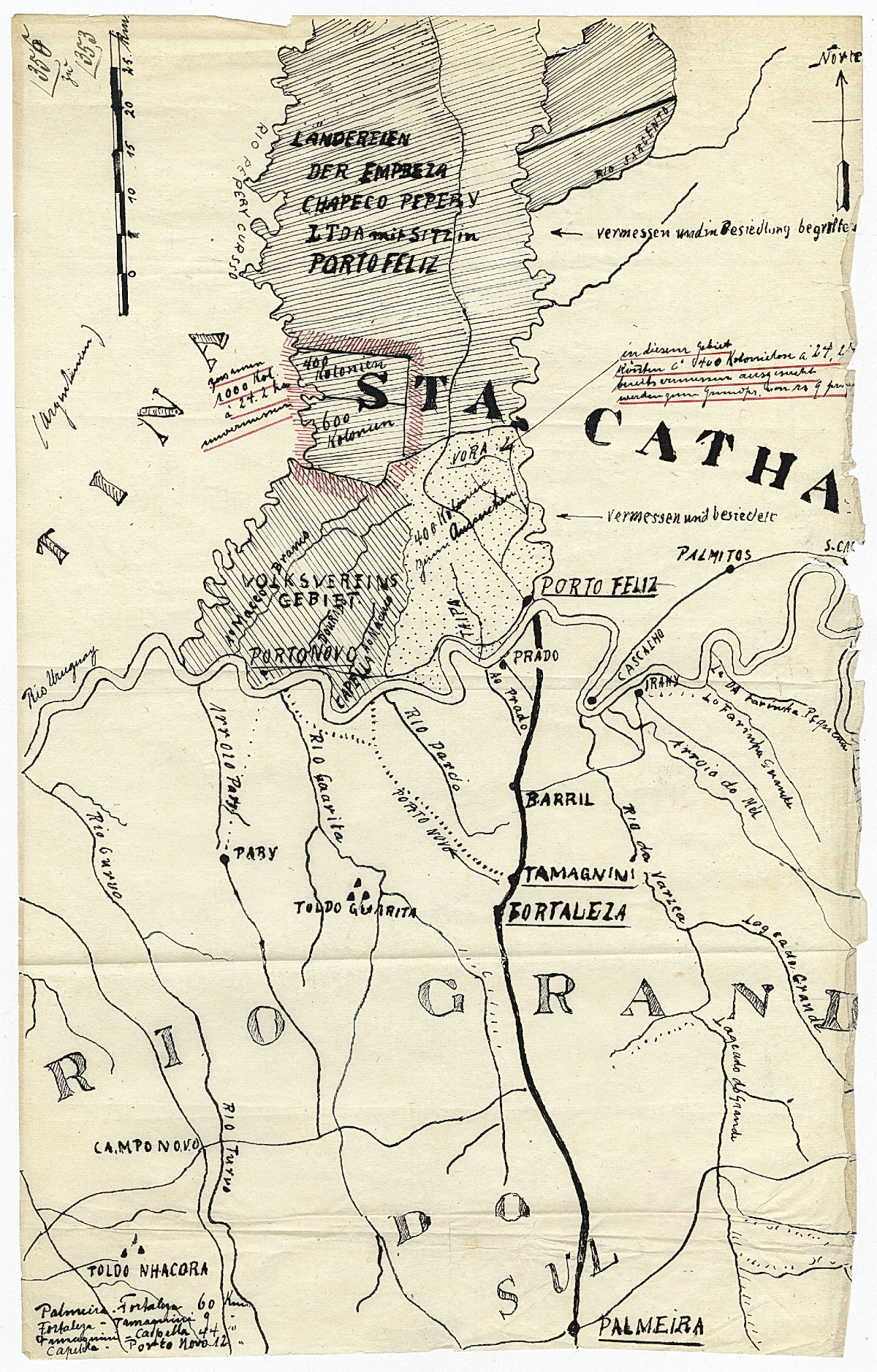 Besiedelungsplan von Paul Aldinger für das Gebiet nördlich des Río Uruguay an der argentinisch-brasilianischen Grenze, 1928 (LABW, HStAS E 151/02 Bü 1165)