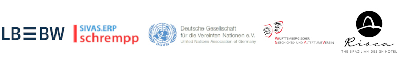 Förderer Logos: LBBW; 2. Schrempp; 3. Deutsche Gesellschaft für die Vereinten Nationen; 4. Württembergischer Geschichts- und Altertumsverein; 5. Rioca]