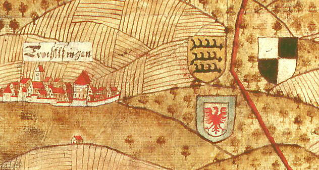Ausschnitt aus der Hohenzollern-Hechingischen Landkarte (Signatur: Staatsarchiv Sigmaringen K I Z/2 Bl.1) Kartograf: Johann Ulrich Stierlin, Zeugwart und Feldmesser auf Hohentübingen (1660 - nach 1717)