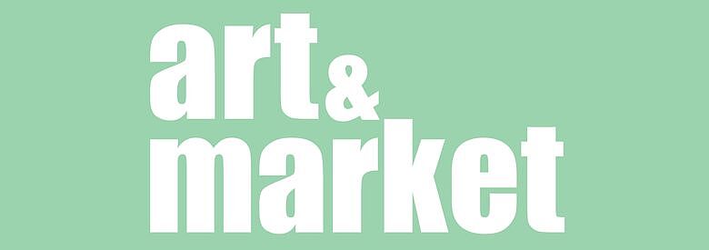 In weißer Schrift auf mintgrünem Hintergrund übereinandergeschrieben die Worte: art&market.