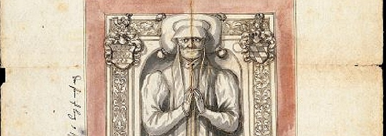 Zu sehen ist eine getuschte Federzeichnung der Deckelplatte des Grabmonuments der Sabina von Württemberg.