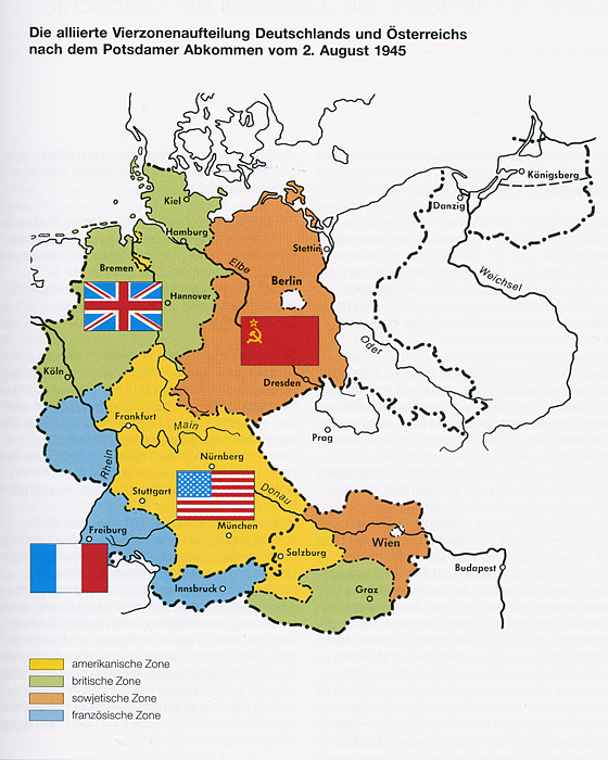Karte: Die allierte Vierzonenaufteilung Deutschlands und Österreichs nach dem Potsdammer Abkommen vom 2. August 1945