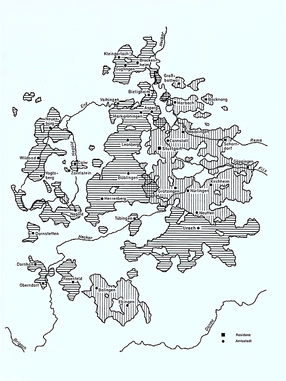 Karte: Landesteilung der Grafschaft Württemberg
