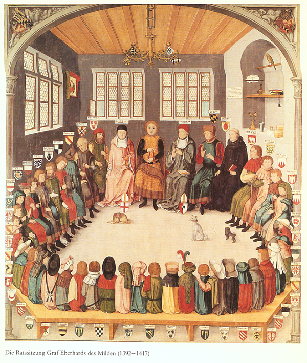 Ratssitzung Graf Eberhards III. von Württemberg. Tafelbild, Mitte 16. Jh. WLB Inv. Nr. 2735 