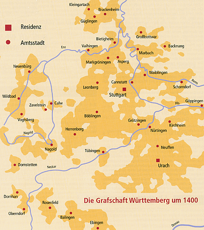 Übersichtskarte der Amtsstädte der Grafschaft von Württemberg, mit den Residenzen Stuttgart und Urach um 1400. Entwurf: P. Rückert nach einer Vorlage von E. Blessing im Historischen Atlas von Baden-Württemberg.