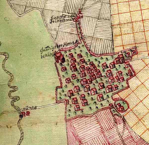 Ausschnitt aus einem Grundriss über das Dorf Krauchenwies (Signatur: Staatsarchiv Sigmaringen K I Sig/13); Kartograf: Johann Conrad Kircher