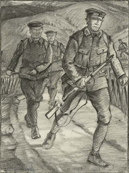 Vier Soldaten auf einem Weinbergpfad marschierend