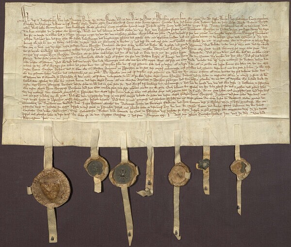 Huldigung Pforzheimer Bürger als Leibeigene gegen Markgraf Bernhard I. von Baden