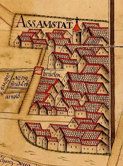 Idealisierte Teilansicht von Assamstadt, 1790 (Vorlage: Ausschnitt aus einem Plan über die Freiherrlich von Thünaischen Hof- und Gültgüter in Assamstadt, StAWt K-G 30 K 129)