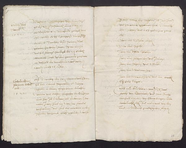 Farbiger Scan der Seiten 28v und 29r aus dem sogenannten Reichenauer Malefizbuch (GLAK 61/14875).