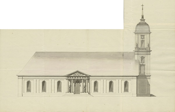 Zu sehen ist die Zeichnung einer Kirche