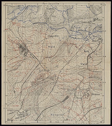 Zu sehen ist eine braune Militärkarte Eingezeichnet sind schwarze, blaue und rote Linien. Außerdem gibt es Beschriftungen für Wälder Berge und Orte wie zum Beispiel das Fort Souville.
