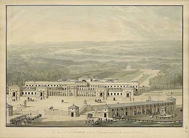 Zu sehen ist eine gemalte Ansicht von Schloss Rosenstein und Umgebung.