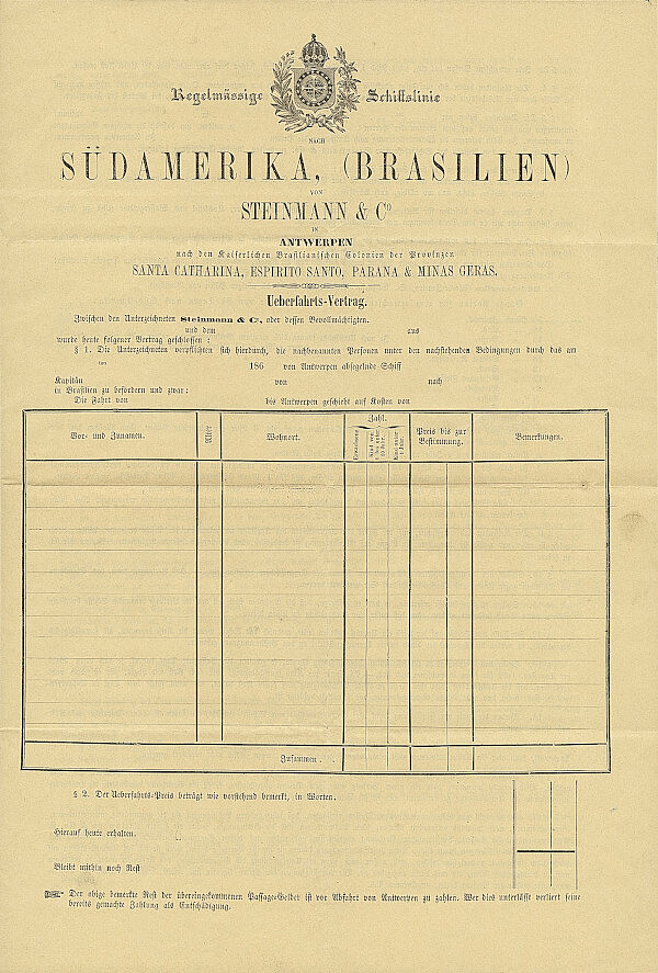 Überfahrtsvertrag der Schiffsagenten Steinmann & Co. in Antwerpen, 1860er-Jahre (LABW, HStAS E 146 Bü 1855)
