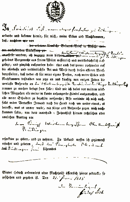 Friedrich List gibt seine Bürgerrechte in Württemberg auf, Urkunde mit handschriftlichen Anmerkungen